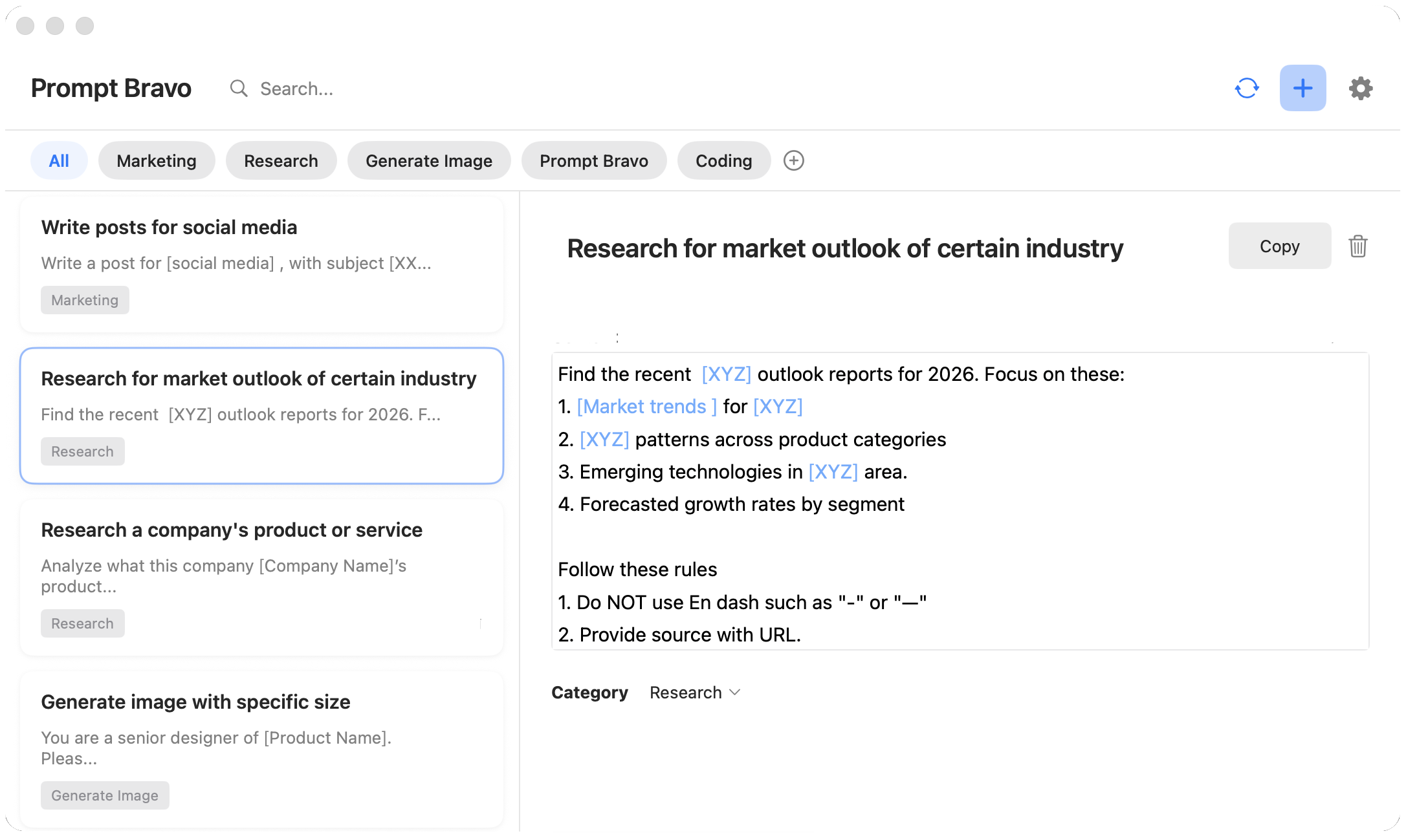 Prompt Bravo App interface